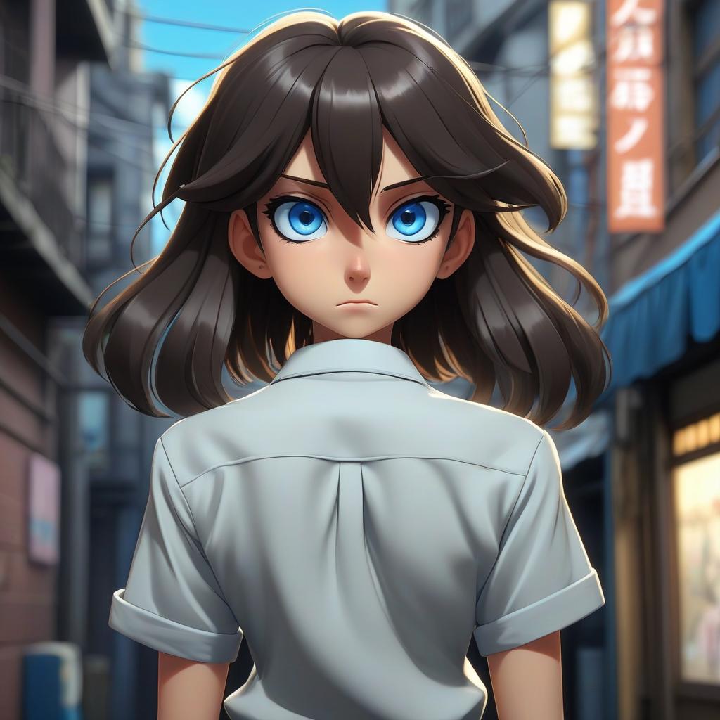  anime artwork beautiful in full growth, dark hair, blue eyes, , beautiful, urban, standing, over, visible from under the , back view, short pleated , shirt,anime . anime style, key visual, vint, studio anime, highly detailed