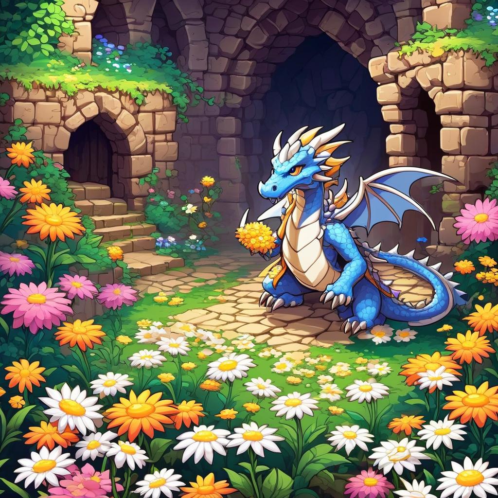  retro game art dungeon and dragons with daisies in the anime style . 16 bit, vibrant colors, pixelated, nostalgic, charming, fun