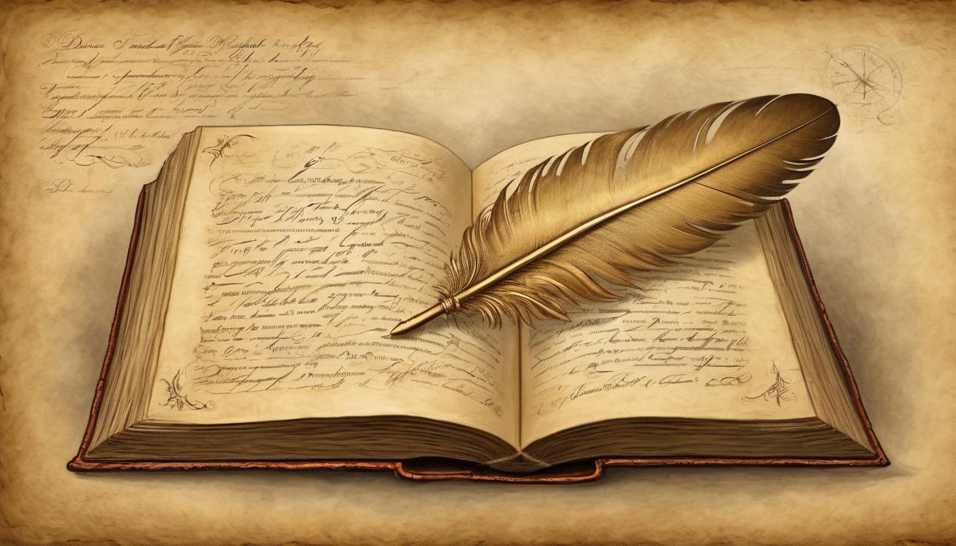  on parchment, surrealism++, golden feather quill with glowing aura, inscribing into a celestial book, divine handwriting, ethereal light, testament of faith(mysterious, provocative, symbolic)++