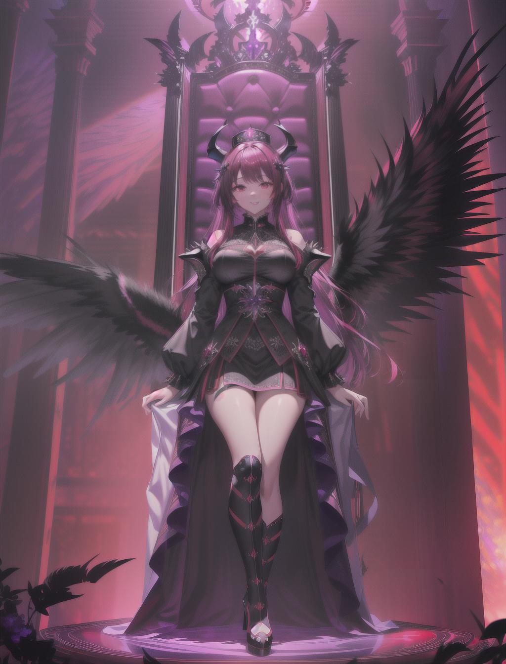  masterpiece, best quality, solo, tall, perfectly proportioned figure, blood red hair with intricate purple patterns, cinematic lighting, piercing red eyes, (large black wings:1.4), tattoos along her hands, red and purple skirt, black thigh high heels, (tall big throne:1.3), laughing, looking down to camera, (black spiky crown:1.2), long thin horns, crossing legs, purple fire, (close up:0.8)