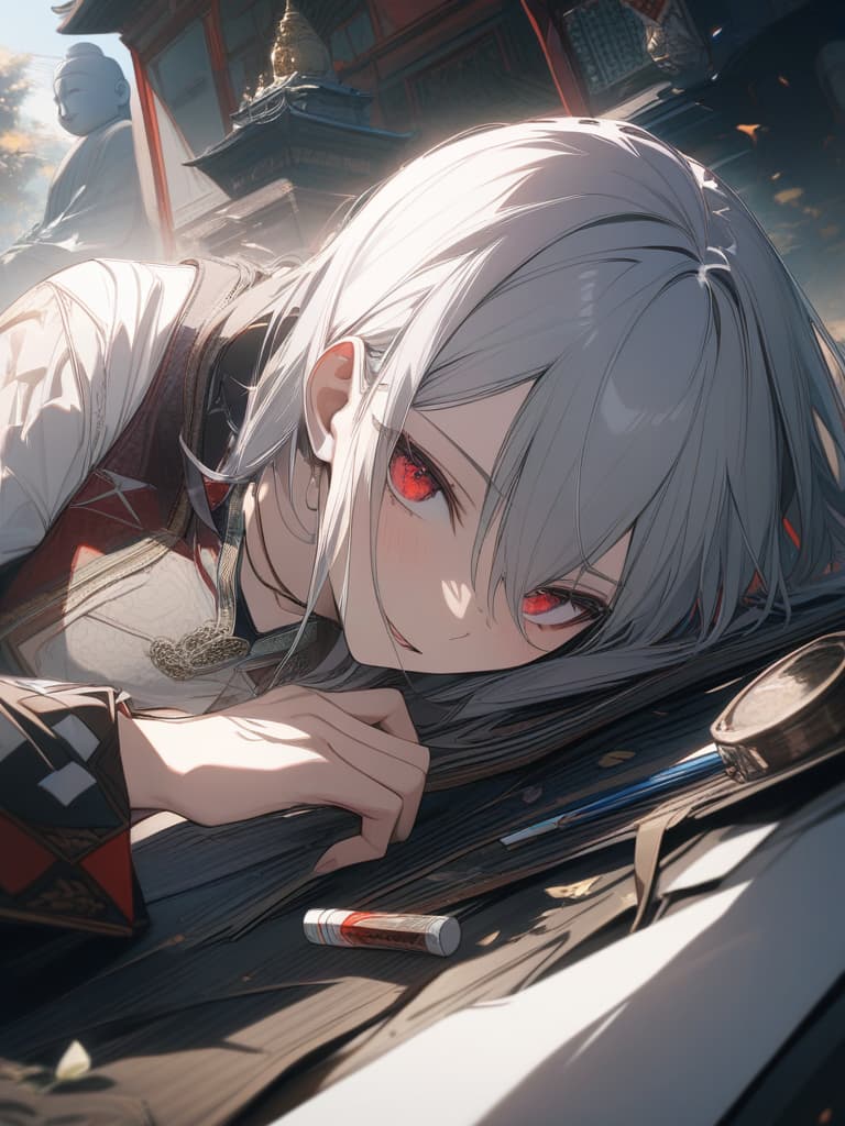  cool, , high student, red eyes, silver hair, cigarettes, buddha, masterpiece, best quality,8k,ultra detailed,high resolution,an extremely delicate and beautiful,hyper detail