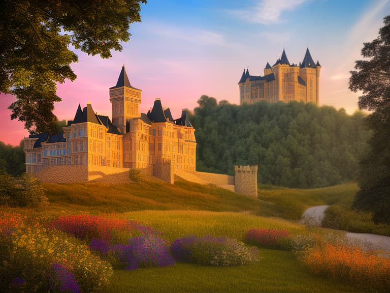 dvarchmodern magnificent majestic royal castle on a hill at sunset on a summer day, realistic photo