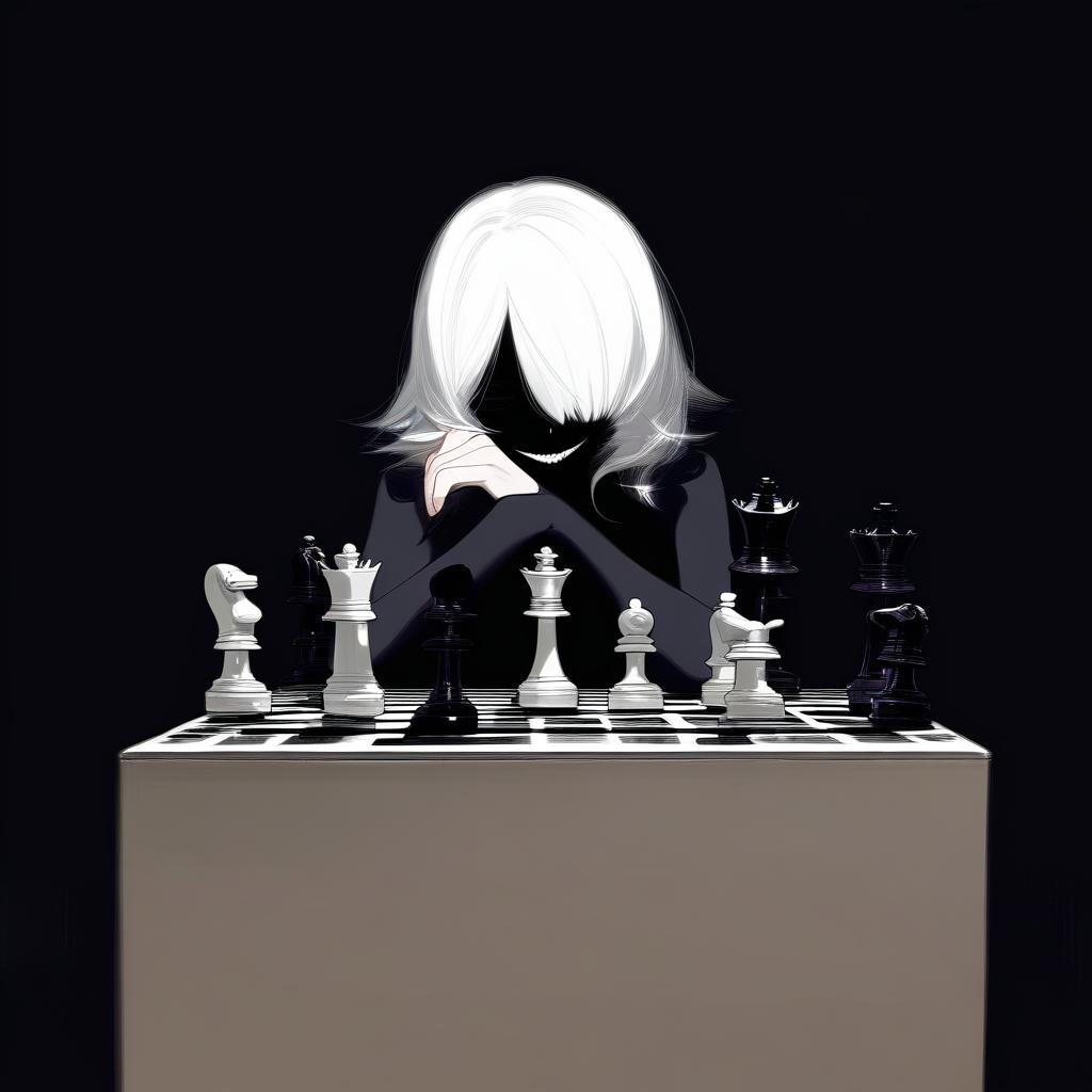  white hair anime woman with shadows hiding face, sitting in front of a table with a chess set on it,an evil smile on her face and only 1 eye is visible, leaning on one hand with arrogance . best quality, high resolution