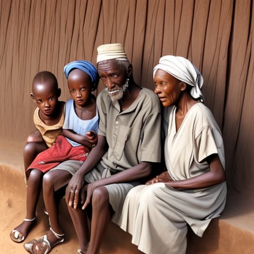  Poor Africa old man sitting with his wife and children outside their rondavels