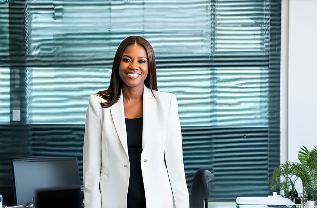  professional detailed photography, portrait of smiling businesswoman in white jacket standing in open plan office. happy female professional executive manager, financial banking or marketing data. ar 3:2, (muted colors, dim colors, soothing tones), (vsco:0.3)