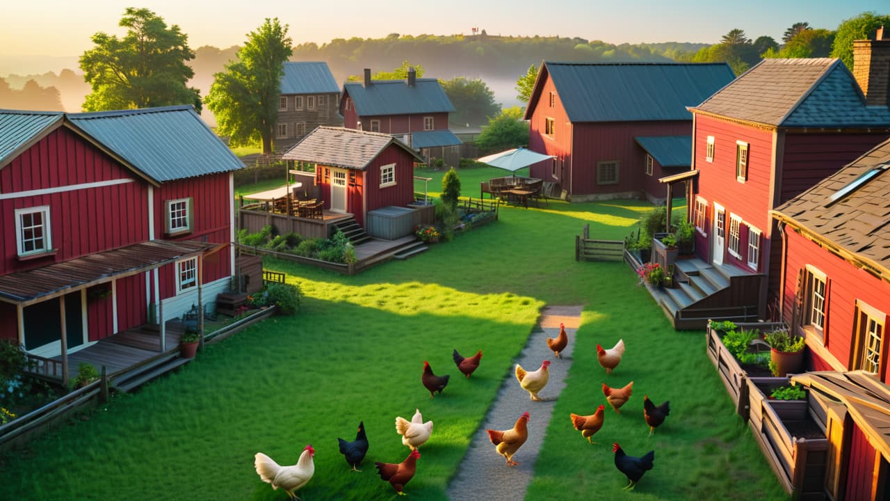  a split scene illustrating traditional homesteading with a rustic farmhouse, fields, and farm animals on one side, and a modern urban homestead with a rooftop garden, chickens, and urban buildings on the other. hyperrealistic, full body, detailed clothing, highly detailed, cinematic lighting, stunningly beautiful, intricate, sharp focus, f/1. 8, 85mm, (centered image composition), (professionally color graded), ((bright soft diffused light)), volumetric fog, trending on instagram, trending on tumblr, HDR 4K, 8K