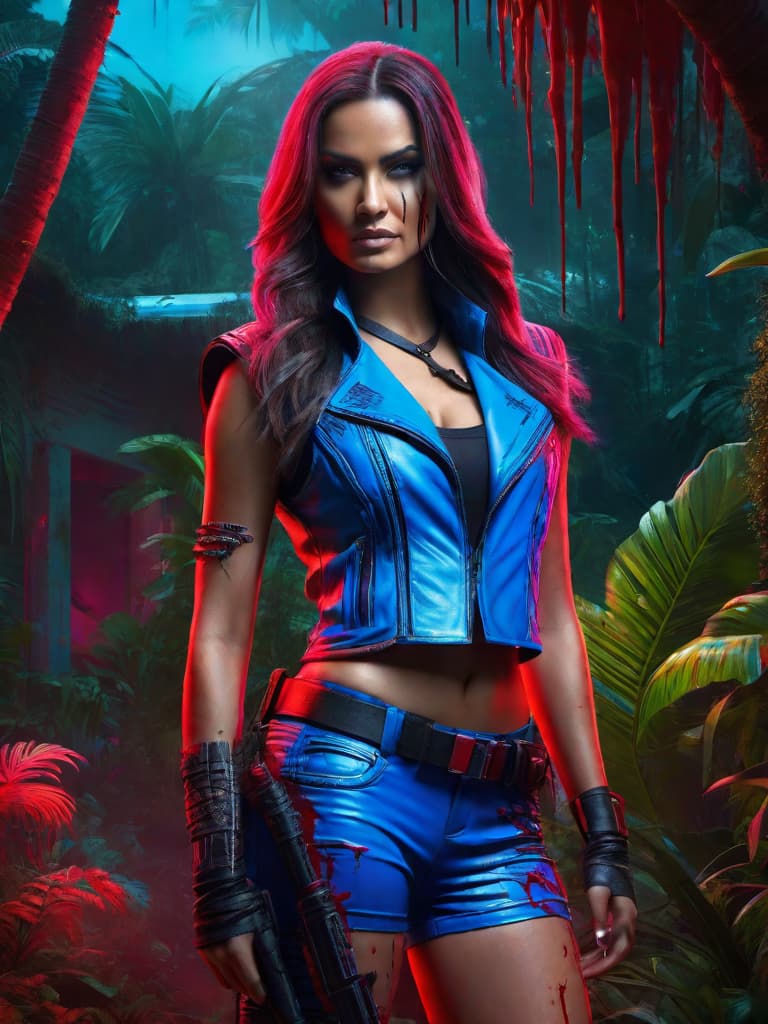  Futuristic female bounty hunter, red flowing, long hair, dressed in skin tight shorts and a sleeveless, leather flack vest; standing in a Columbian jungle outside a large villa...realistic neon pink and bright neon blue, with lots of blood dripping off face, grinning.