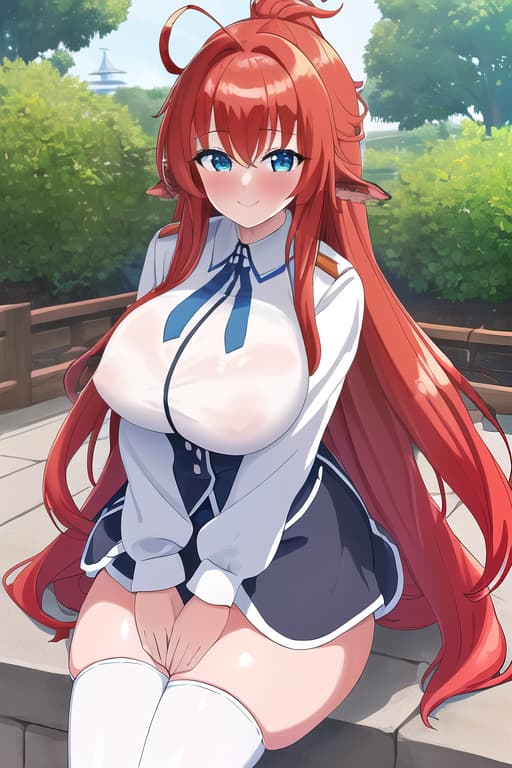  wearing a long ,white puffy sneakers,smiling,blushing,park,standing,full body view,masterpiece, best quality, 1women, long red hair, looking at viewer, :3, cute, black uniform, outdoors, streets, cow shot, curvy, (((blue eyes))), rias gremory, red hair, antenna hair, wavy hair, ((beautiful detailed eyes, beautiful detailed glow, lots of glow)), anime screencap