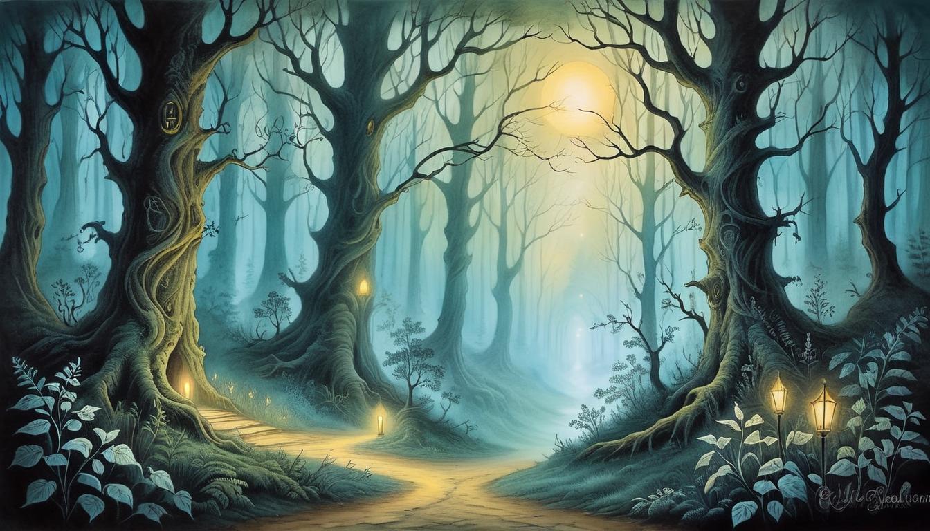  on parchment, surrealism+++, a solitary path through an ethereal forest, spectral trees, glowing light illuminating from within, signifying clear path, inner guidance, self reliance(mysterious, provocative, symbolic,muted color)+++