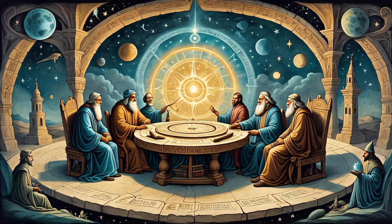  on parchment, surrealism+++, mythical council, figures seated around a celestial table, glowing, cosmic landscape, holding ancient books, symbolizing wisdom, knowledge beyond duality, serenity(mysterious, provocative, symbolic,muted color)+++