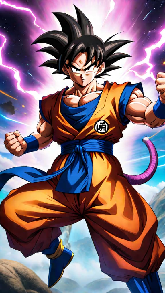  anime art: goku from dragon ball super faces beerus, the god of destruction, in a epic clash. hyperrealistic, full body, detailed clothing, highly detailed, cinematic lighting, stunningly beautiful, intricate, sharp focus, f/1. 8, 85mm, (centered image composition), (professionally color graded), ((bright soft diffused light)), volumetric fog, trending on instagram, trending on tumblr, HDR 4K, 8K