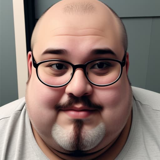  A fat man with a grey beard with a bald patch on head with glasses red circle head big nose