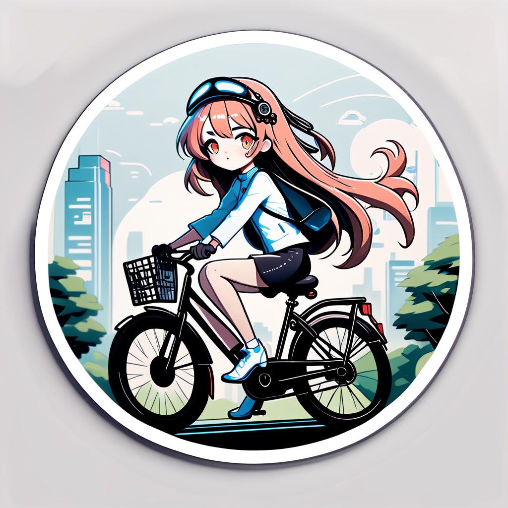  line art drawing anime girl on a bicycle, round sticker . professional, sleek, modern, minimalist, graphic, line art, vector graphics, sticker