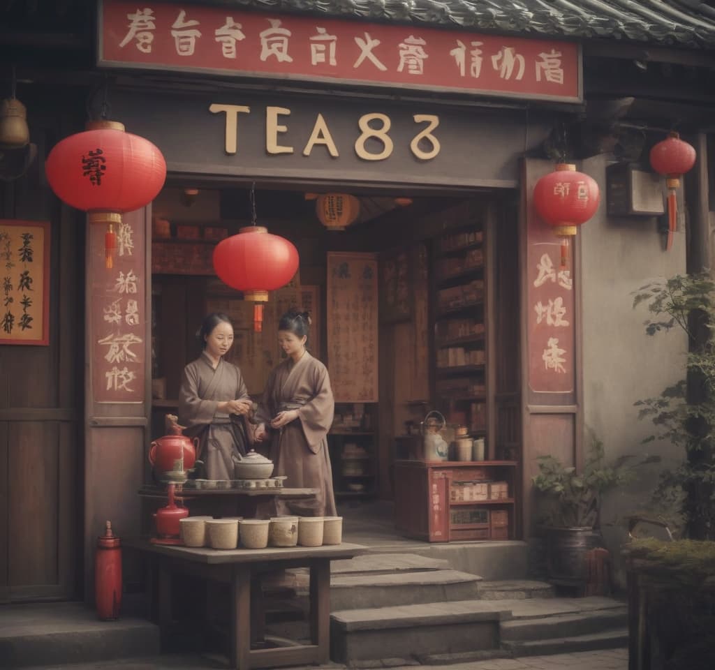  chinese town, tea store, tea ceremony, sign text “tea875”, epic foto, 4k