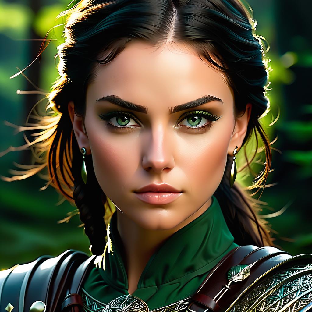  cinematic photo create a highly detailed portrait of a young female warrior with striking features. she has a slender, angular face with high cheekbones and a sharp jawline. her skin is fair and smooth, with a few faint scars on her left cheek, hinting at her battle hardened experience. her eyes are almond shaped and a deep, piercing green, giving her an intense, focused expression. her gaze is serious, almost stern, reflecting her determination and inner strength. her eyebrows are dark and well defined, arching slightly to add to her determined look. her hair is dark brown, almost black, and is cut short, framing her face in a slightly tousled style. a small section of her hair is tied back with a thin, silver circlet adorned with a dark