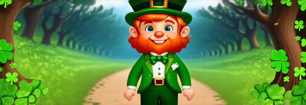  banner st. patrick's day. a little cartoon leprechaun with red hair in a green suit and a green hat stands on a forest path surrounded by shamrocks. design for postcards, flyers ar 3:1, (natural skin texture), highly detailed face, depth of field, hyperrealism, soft light, muted colors