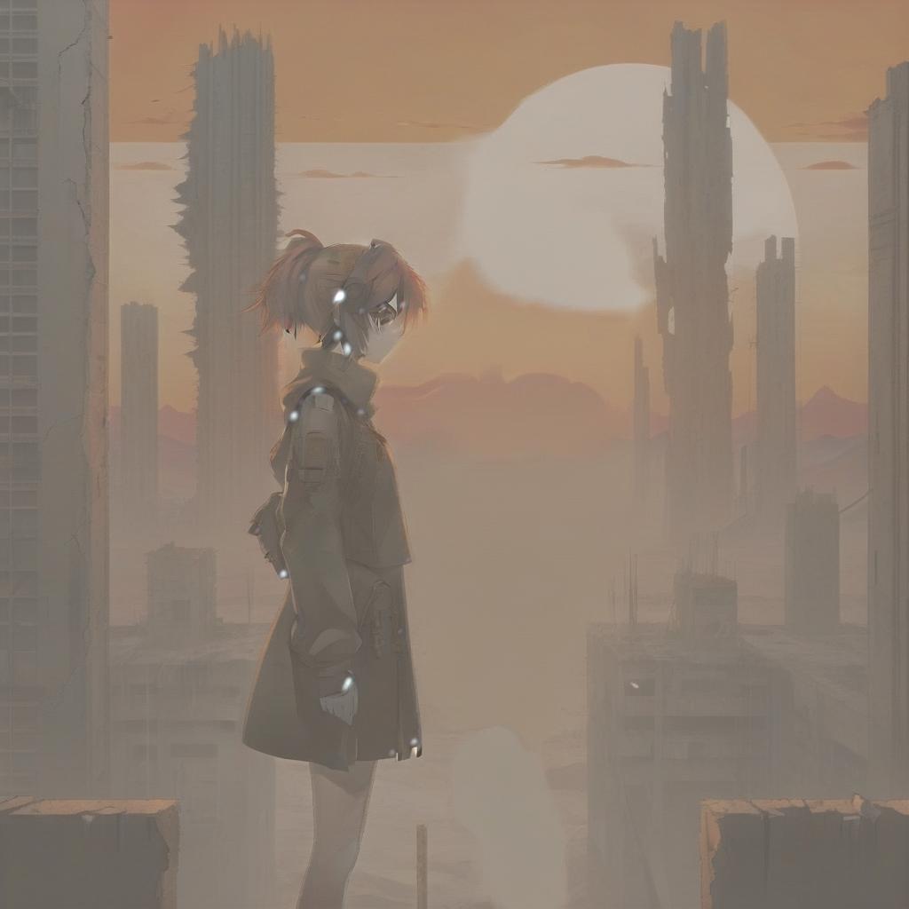  anime artwork anime image of a woman standing in a post apocalyptic landscape with ruined buildings, cyberpunk art, the red sunset . anime style, key visual, vibrant, studio anime, highly detailed