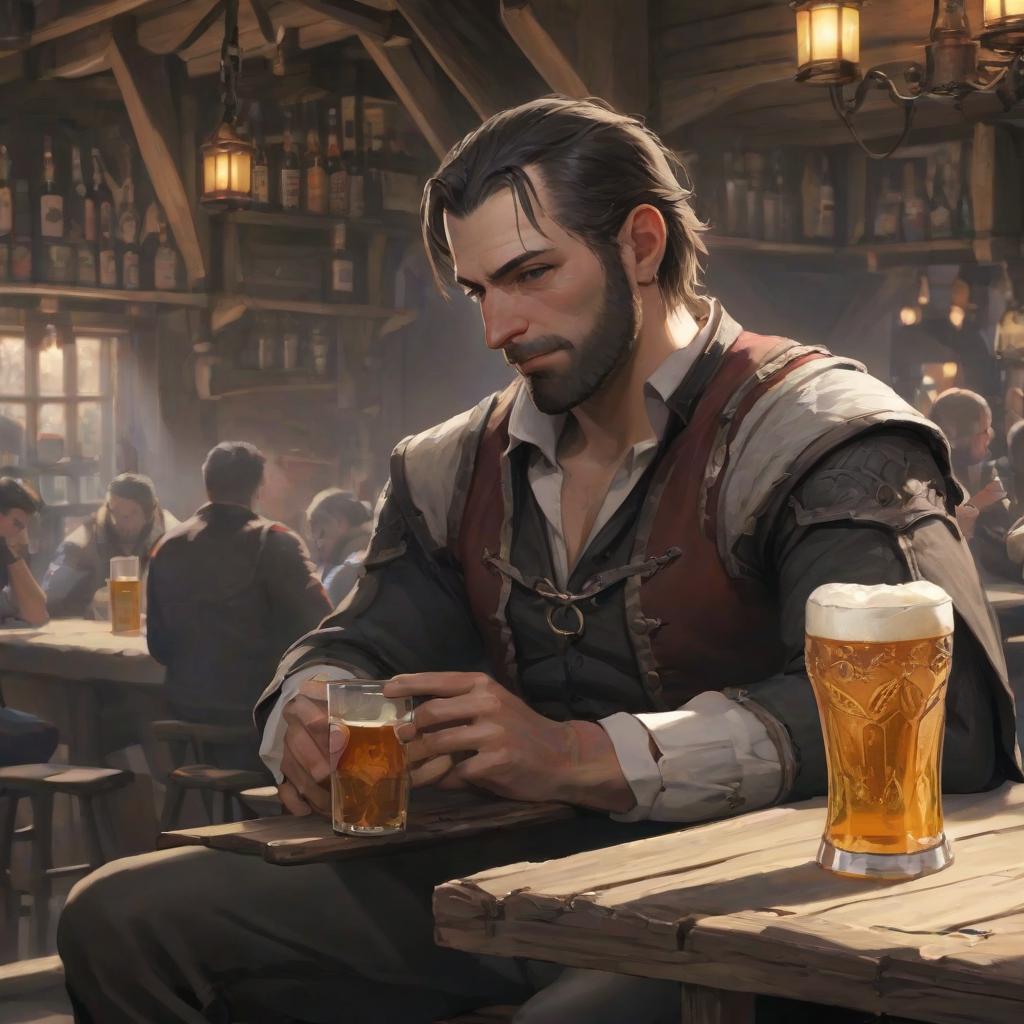  a man sits at a tavern and drinks