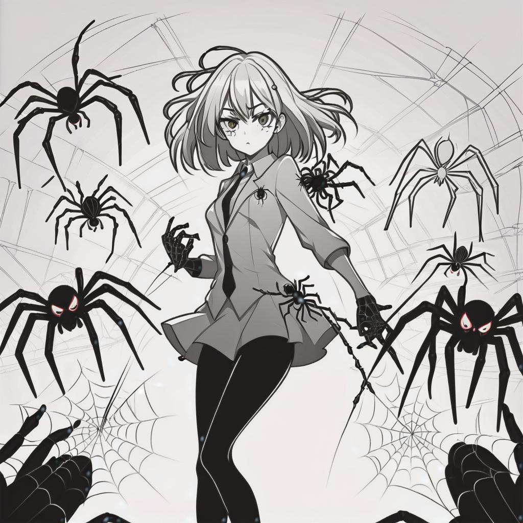  line art drawing girl wit spiders, battle stance, same nightmare. anime style . professional, sleek, modern, minimalist, graphic, line art, vector graphics