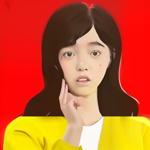  the girl has a thoughtful surprised face, she stands on a red background in yellow clothes, girl illustration sketch sketch