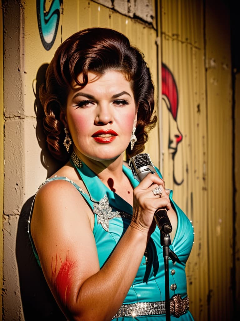  Country singer Patsy Cline, medium shot, upper body, spotlight, long exposure lighting, street art style spray paint, glamour lighting