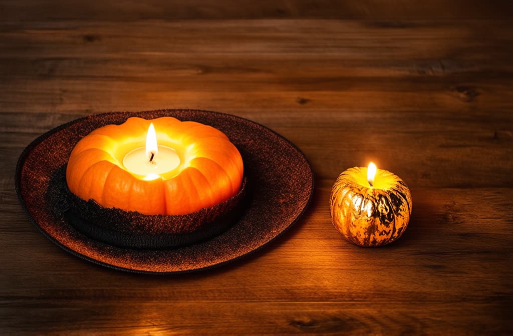  professional detailed photography, halloween flat lay composition with witch hat and burning candle on rustic wooden background ar 3:2, (muted colors, dim colors, soothing tones), (vsco:0.3)