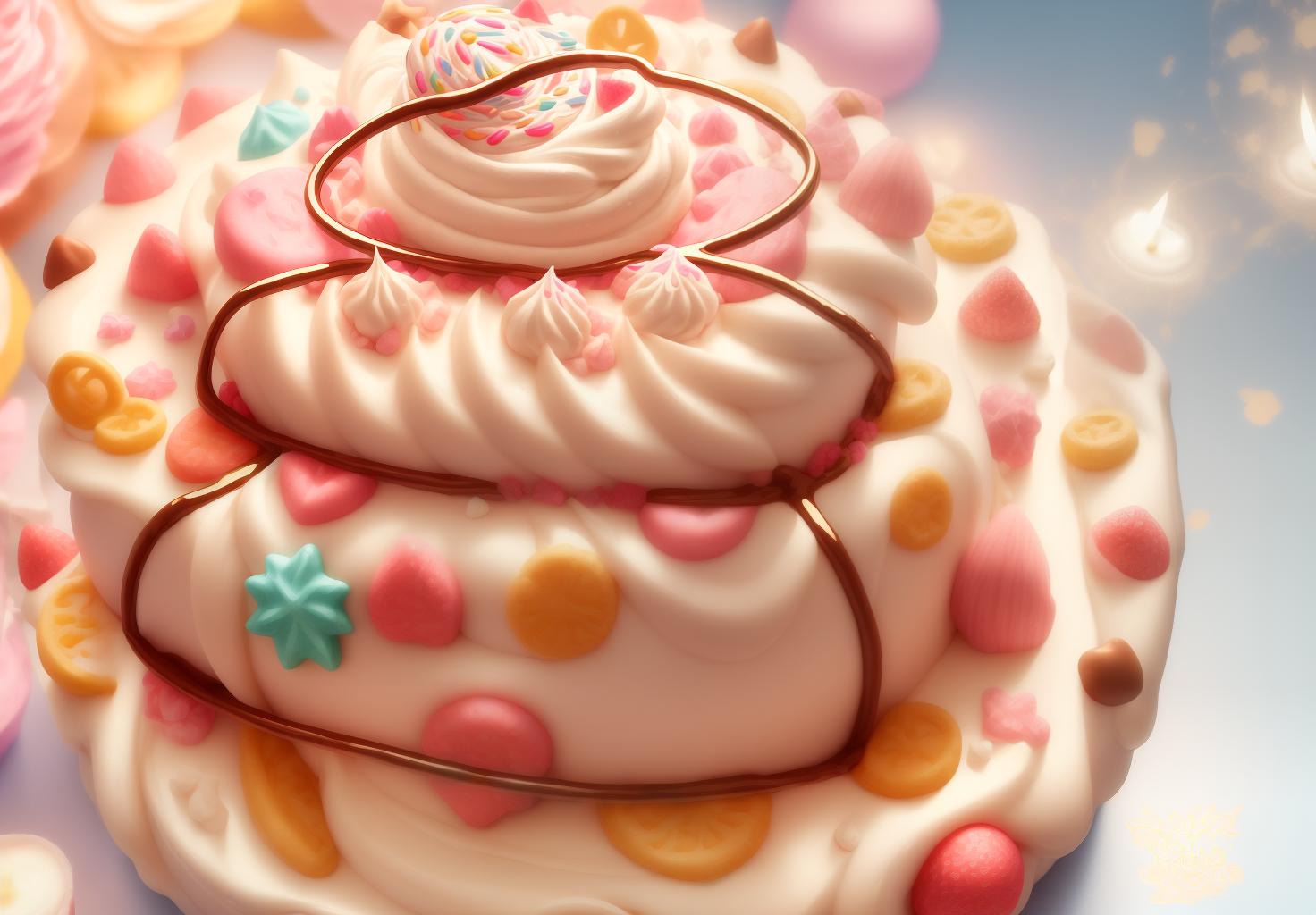  best quality, ultra high resolution, perfect lighting, cute cartoon birthday cake, multi layered, full and rounded, front view, complete cake, detailed frosting decorations, colorful layers, playful design, smooth lines, friendly appearance, bright and cheerful colors, whimsical patterns, intricate icing details, charming cake toppers, fun and playful decorations, joyful and festive atmosphere, visually appealing, non realistic, cartoonish elements, 3d appearance, dimensional layers, textured frosting, cream, frosting, chocolate chips, sprinkles, ganache, drizzled icing, whipped cream, edible decorations, decorative patterns, candles, small amount of fruit, clean background, (masterpiece:1.2), (extremely detailed:1.2), (8k:1.2)