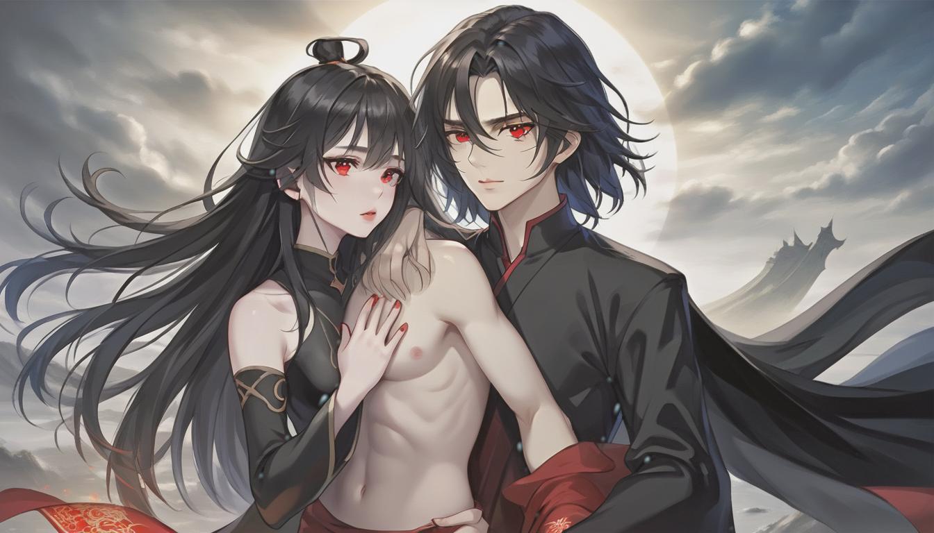  breathtaking realistic photo, two people, a character from the novel “system save yourself for the main hero”, lo binghe, a young man in black. long black hair to the waist, red eyes, demonic mark on the forehead, next to him a girl is blonde, blonde hair to the shoulder blades, european face type, light skin, blue eyes, plump lips, small tummy at the bottom at the waist naked . award winning, professional, highly detailed, hkmagic