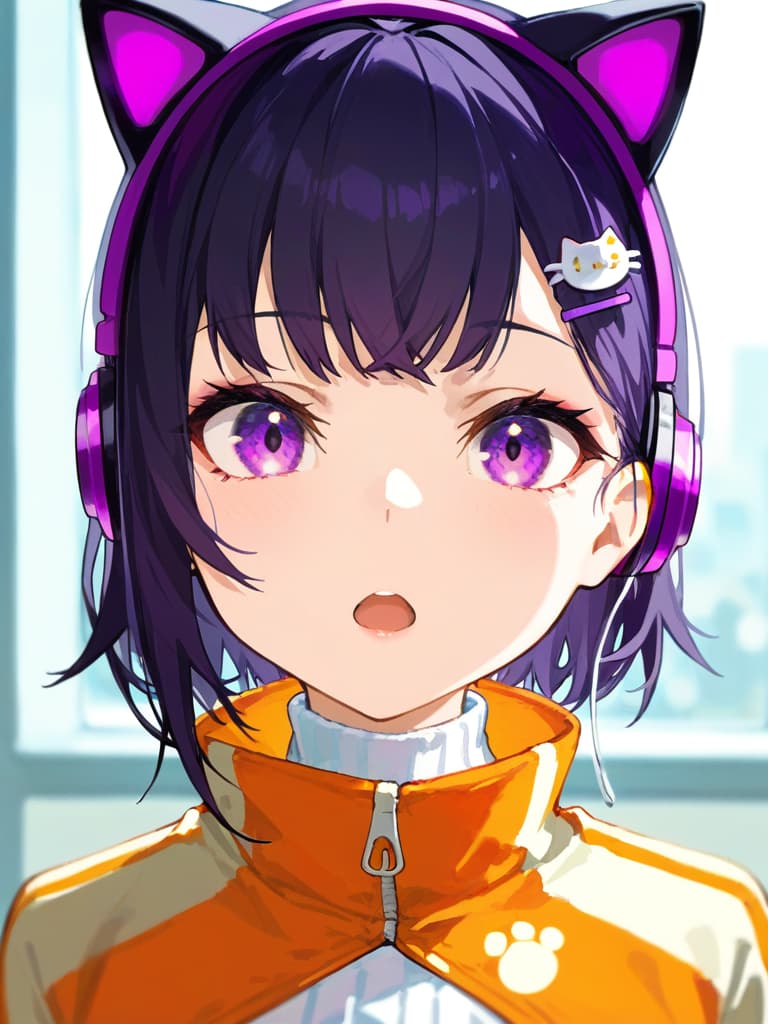  (cat ear headphones: 1.2), masterpiece, open mouth, best quality, close up, from front, medium hair, (purple eyes: 1.4) orange overside jacket, : 1.2), (white turtleneck: 1.1), (hair pin: 1.3)