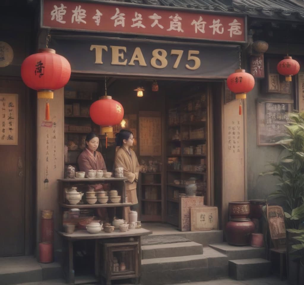  chine town, tea shop, text “tea875”, epic foto, 4k