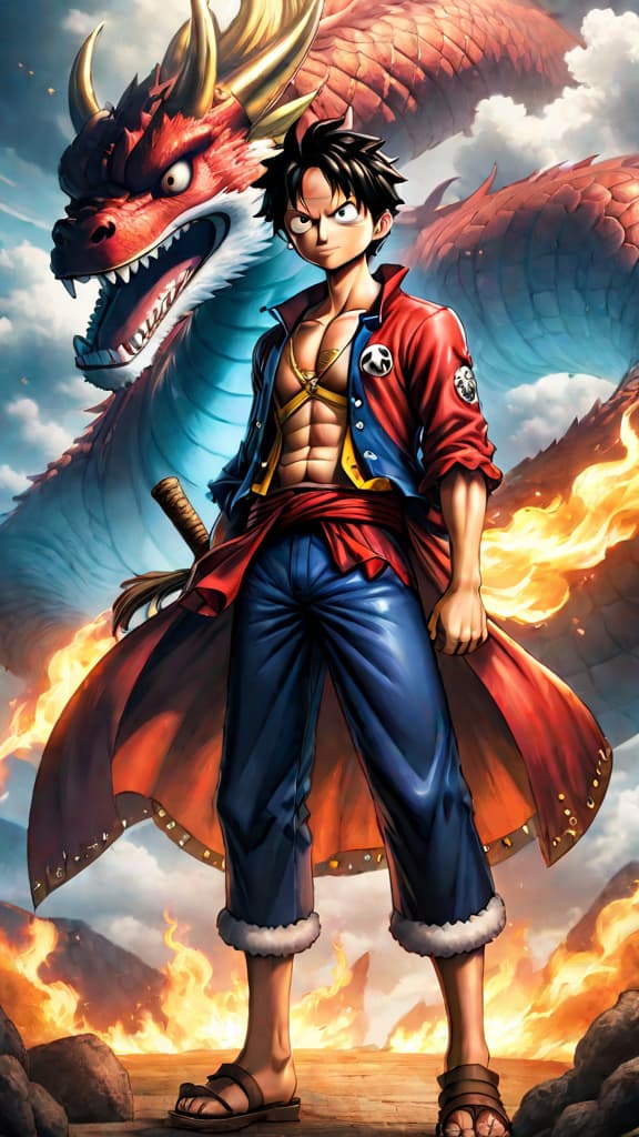  anime art of luffy embodying the will of d against oppressive celestial dragons in one piece. hyperrealistic, full body, detailed clothing, highly detailed, cinematic lighting, stunningly beautiful, intricate, sharp focus, f/1. 8, 85mm, (centered image composition), (professionally color graded), ((bright soft diffused light)), volumetric fog, trending on instagram, trending on tumblr, HDR 4K, 8K