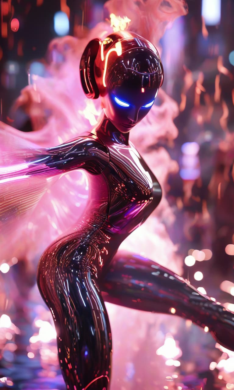  a ballerina robot dances in a flame of liquid glass., glowneon, hkmagic