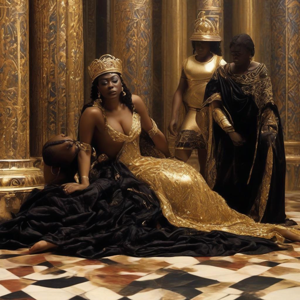  the queen of sheba fainted and lay unconscious on the floor, and two black maids bent over her and tried to bring her to her senses.