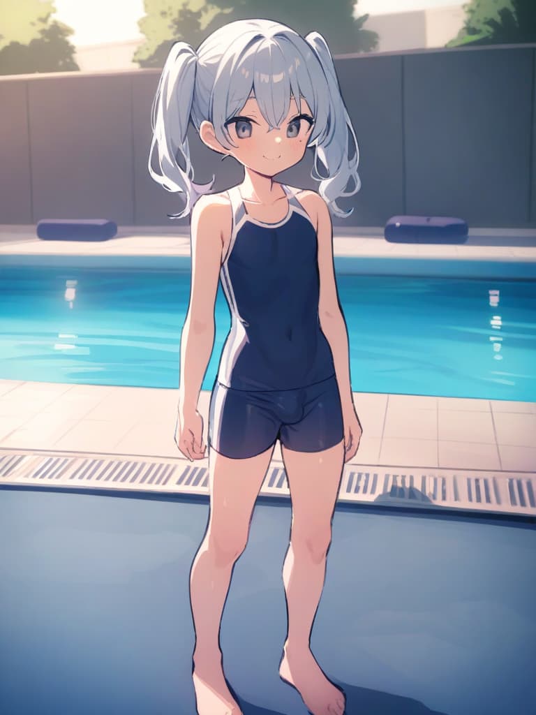  junior s, twin tails, cute smiles, dark blue hits, dark blue swimwear, dark blue swimwear, clear (double ual equipment, shaped clear, bulge, male bulging), front legs, whole body, pool, pool,