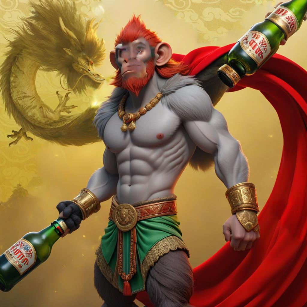  red headed monkey king with a bottle of beer hyperrealistic, full body, detailed clothing, highly detailed, cinematic lighting, stunningly beautiful, intricate, sharp focus, f/1. 8, 85mm, (centered image composition), (professionally color graded), ((bright soft diffused light)), volumetric fog, trending on instagram, trending on tumblr, HDR 4K, 8K