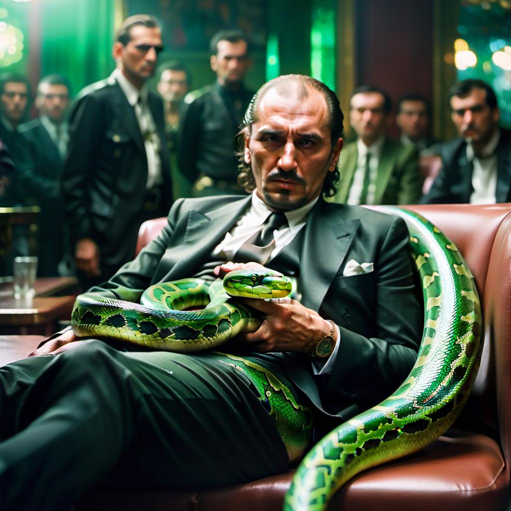  cinematic photo from a distance with a view of the interior, a grown up mafia guy who is sitting in a fainting body wrapped around a green snake . 35mm photograph, film, bokeh, professional, 4k, highly detailed, film photography style