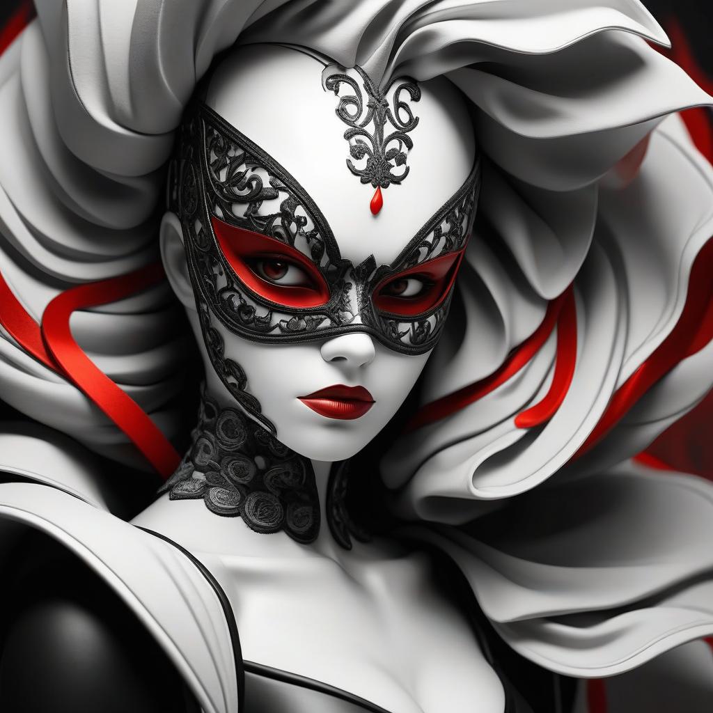  masked person, black and white image with red elements, high quality