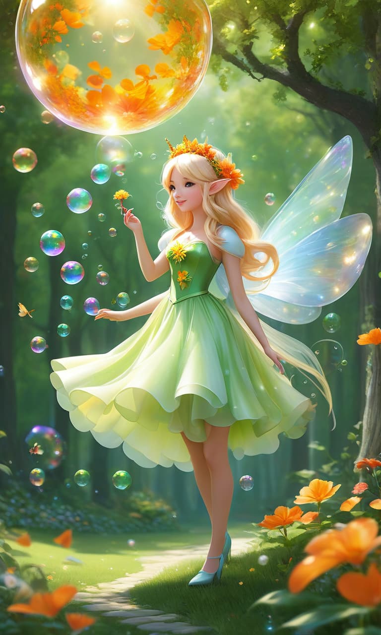  a beautiful fairy with wings, wearing a knee length dress made of orange and green flower petals. the fairy floats just above the ground and blows soap bubbles from a magic wand, she has a bird on her head. next to her is a little white unicorn. he stands up on his hind legs and tries to catch the bubble. there are trees and sky in the background. lots of beautiful bubbles. it's fabulous.