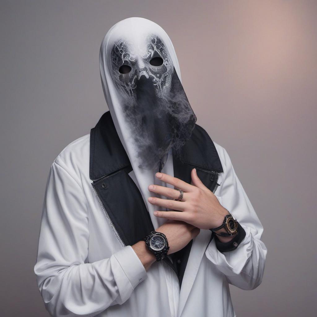  a guy with a ghost face mask on with veiny hands and a ring, profile image style