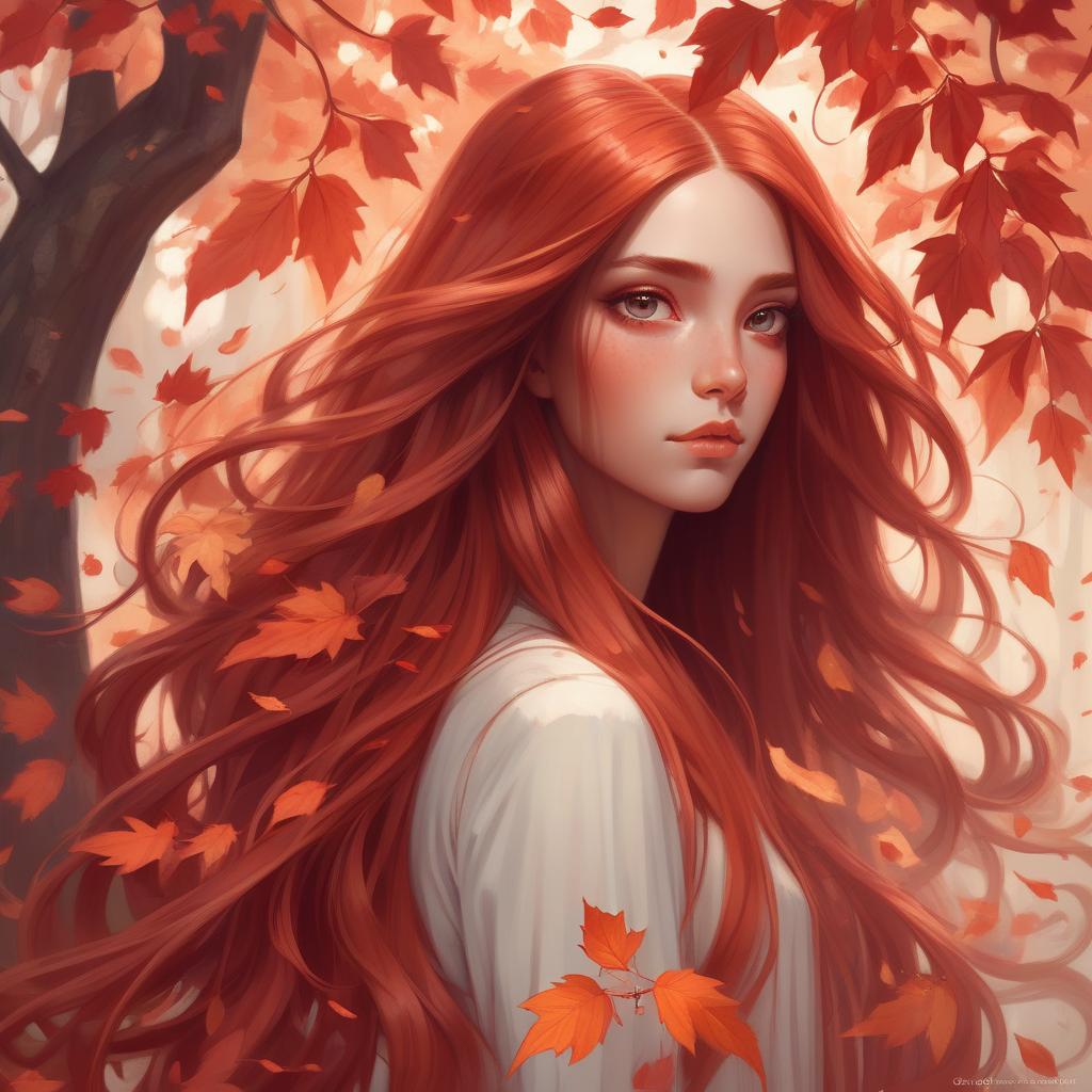  girl with super long hair, hair becoming autumn red leaves, digital painting, detailed eyes, art by artgerm and greg rutkowski and alphonse mucha