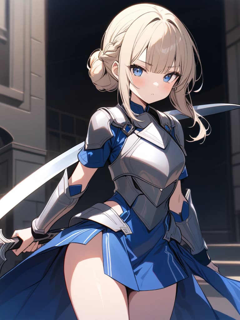  ultra detailed:1.2,masterpiece:1.2,best quality,masterpiece,bestquality,hdr:1.1,8k:1.1,very cute girl:1.3,(silver armor dress,blue dress:1.3)(blond hair,chignon:1.7),(braided side hair ,blunt bangs:1.6)(blue eyes:1.3),(holding great sword:1.6)dignified expression