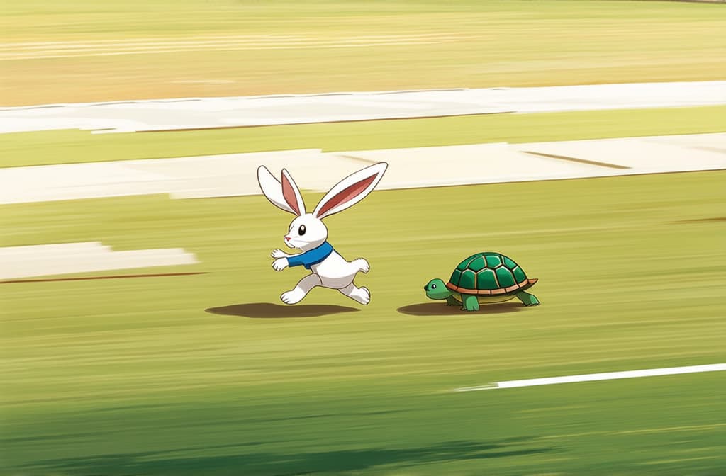  flat illustration, flaticon, (illustration:1.15), bunny running after turtle on a race track ar 3:2, [cory loftis, strobist, pascal campion :: 0.2]