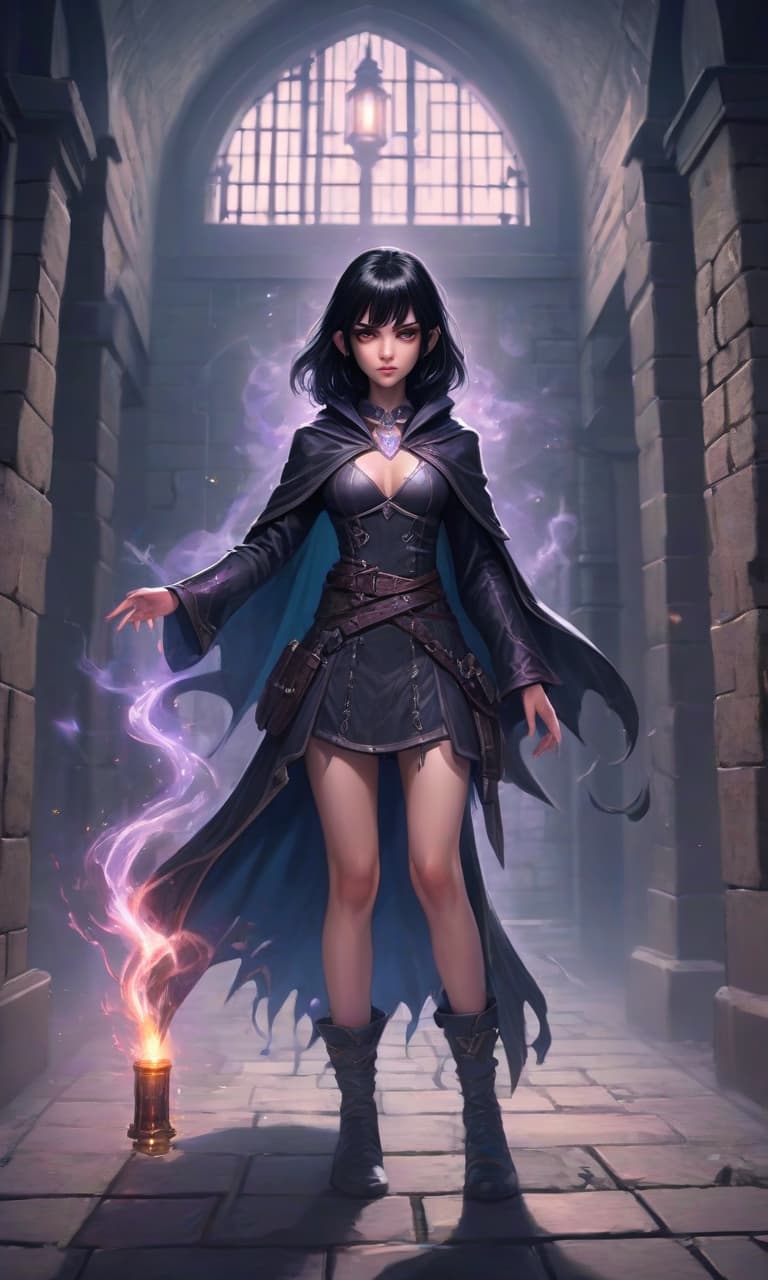  role playing game (rpg) style fantasy black haired warlock girl casts a spell, full length, against the background of a prison, fantasy . detailed, vibrant, immersive, reminiscent of high fantasy rpg games, hkmagic