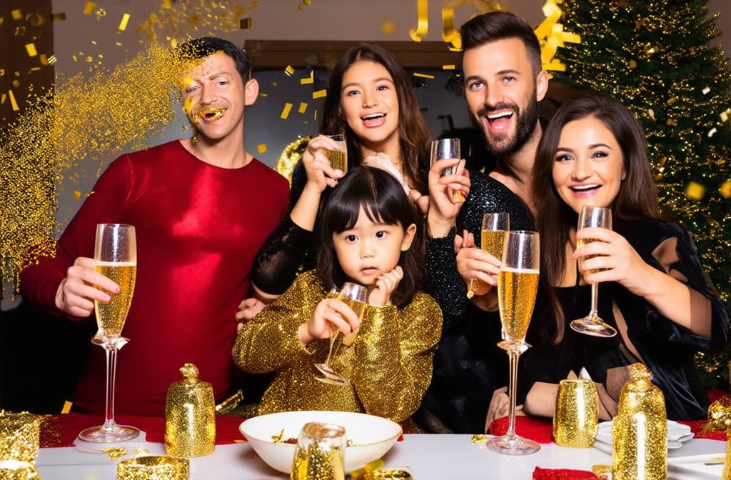  cinematic film style, cheerful big family in elegant glittering look with champagne glasses enjoying new year party at home, golden confetti flying in the air /np (deformed, distorted, disfigured:1.3), poorly drawn, bad anatomy, wrong anatomy, extra limb, missing limb, floating limbs, (mutated hands and fingers:1.4), (text, watermark:1.1), disconnected limbs, mutation, mutated, ugly, disgusting, blurry, amputation ar 3:2, shallow depth of field, vignette, maximum details, high budget hollywood movie, bokeh, cinemascope, moody, epic, gorgeous, sun rays and shadows on furniture and surfaces, flattering light, raw photo, photography, photorealistic, 8k resolution, f1.4, sharpened focus, sharp focus