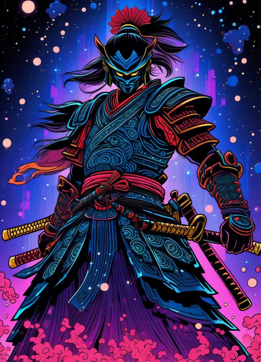  a humorous illustration. bright colors, cartoon style. on the black background, shiny contours outlines of silhouette of a japanese samurai girl in black samurai armor, in full length, in patent leather black shoes, made of blue star and red comet, frame with intricate thin ornamentation from comet, stars and cosmic dust: (thin: 1,4) lines ,