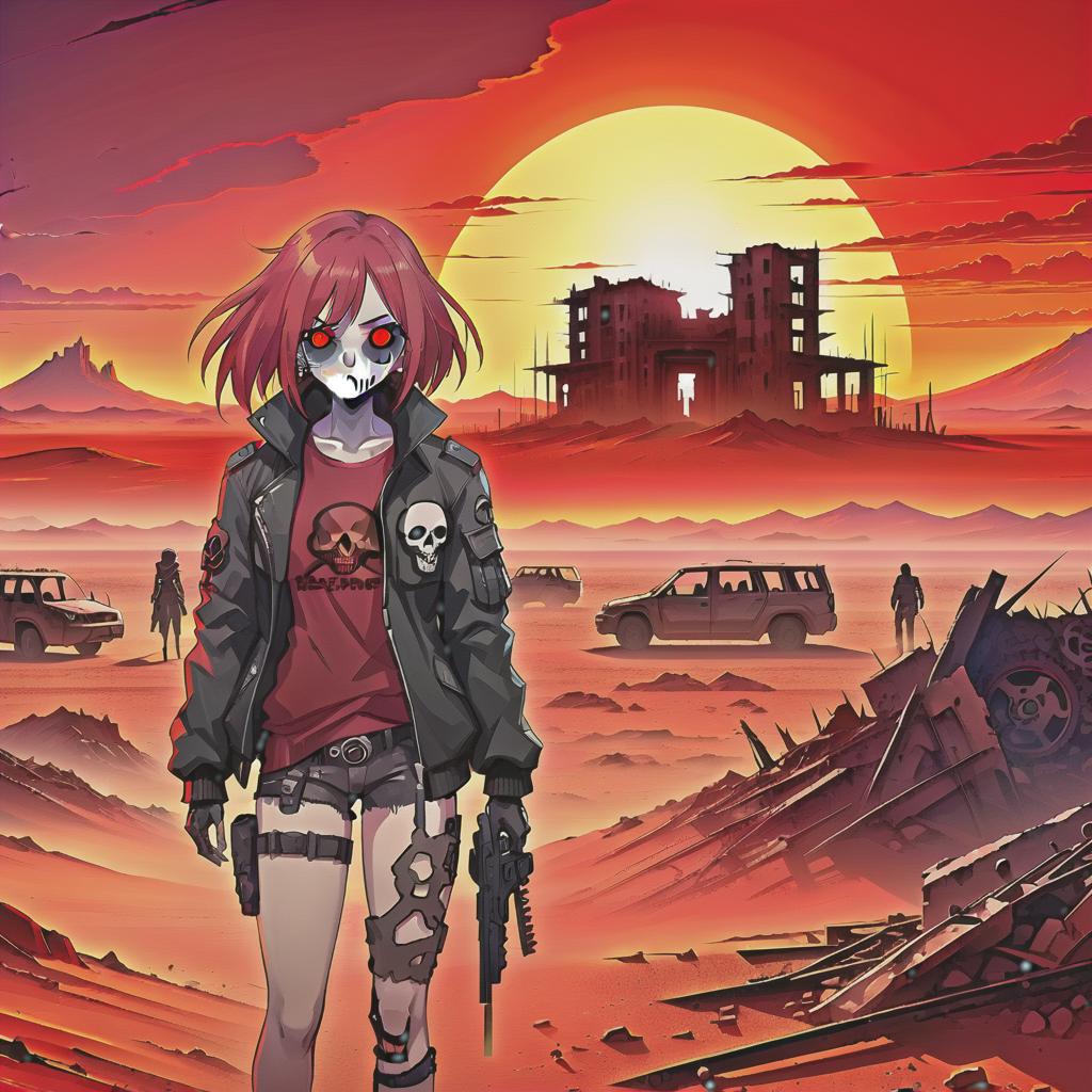  anime artwork high quality image of post apocalyptic landscape with ruined buildings, woman standing, in a jacket with a skull, the red sunset on the backround, in a red desert, cyberpunk art, anime style . anime style, key visual, vibrant, studio anime, highly detailed