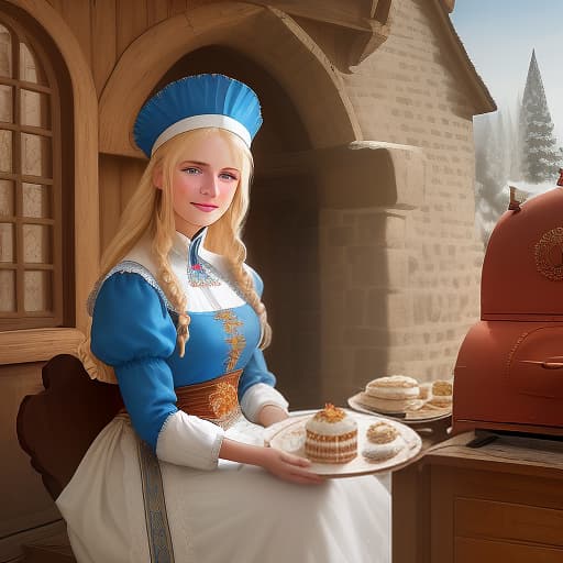  masterpiece, the best quality, a russian woman in traditional clothes prepares cakes in a stone oven, a very light smile, tense, piercing eyes, blue eyes, flowing blond hair, dressed in a traditional russian outfit, cooks in the open air, inside a wooden castle, against the background of an ancient russian throne room in a wooden castle, cartoon style, cute,