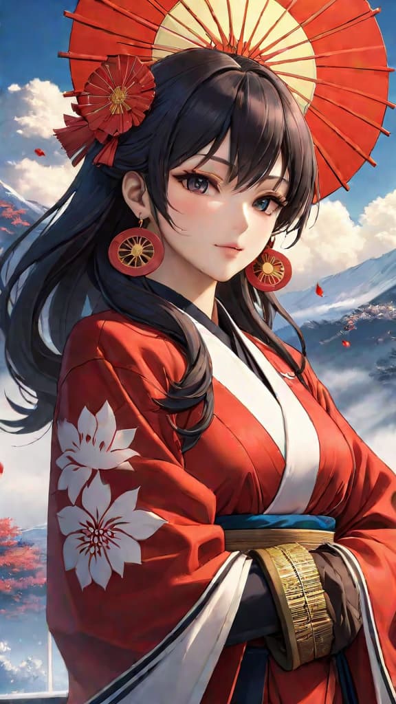  anime art of tanjiro kamado's hanafuda earrings depicting a rising sun symbolizing hope and resilience. hyperrealistic, full body, detailed clothing, highly detailed, cinematic lighting, stunningly beautiful, intricate, sharp focus, f/1. 8, 85mm, (centered image composition), (professionally color graded), ((bright soft diffused light)), volumetric fog, trending on instagram, trending on tumblr, HDR 4K, 8K