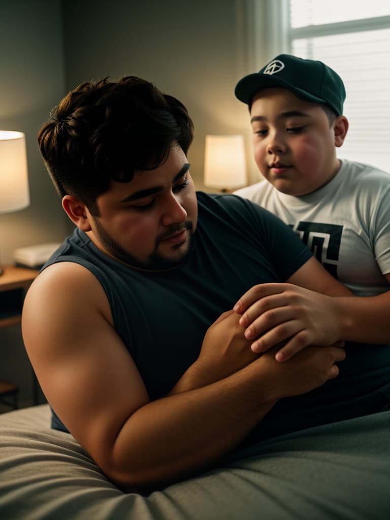  burly forty year old daddy and his prepubescent chubby overweight eight year old son, they are incestuously masturbation together , hyperrealistic, high quality, highly detailed, cinematic lighting, intricate, sharp focus, f/1. 8, 85mm, (centered image composition), (professionally color graded), ((bright soft diffused light)), volumetric fog, trending on instagram, HDR 4K, 8K
