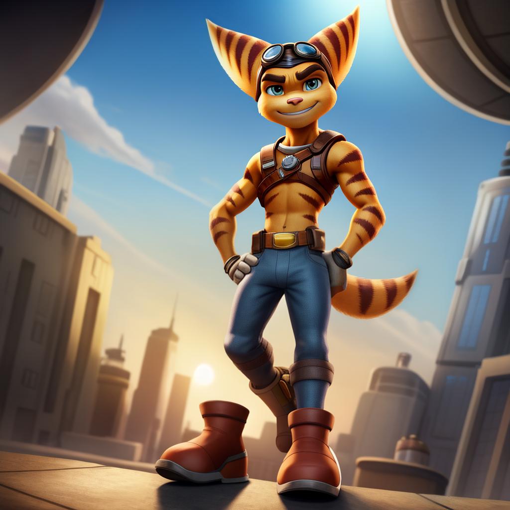  Male ratchet and clank (sega), full body, high quality resolution, clothes, open eyes, digital art, masterpiece, 4k, fine details,